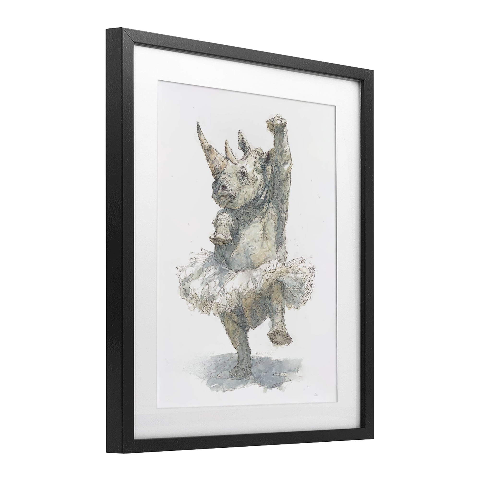 Ballet Rhino Tutu Black Framed Print Under Glass, design by Ziwei Li