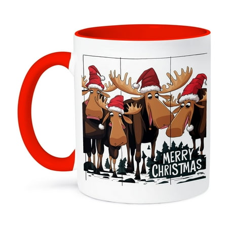 

3dRose Cute Funny Colorful Moose in Santa Hats Merry Christmas Abstract 11oz Two-Tone Red Mug
