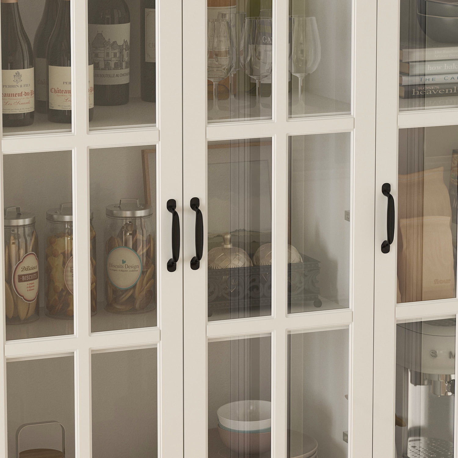 KULAGAGA 6-Door White Bookcase Display Cabinet, 78.7" Tall Freestanding Pantry with Glass Doors