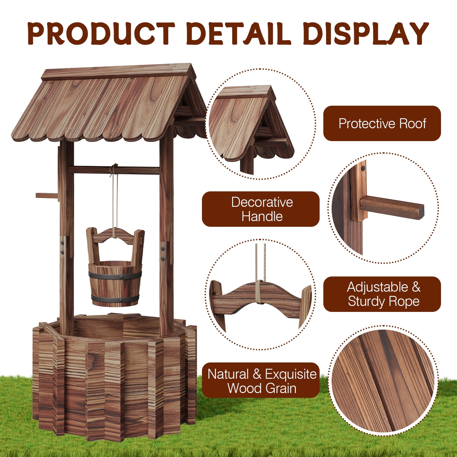 BaPiPro Wood Wishing Well Planter with Hanging Bucket for Flower and Plants, Brown, 22 In