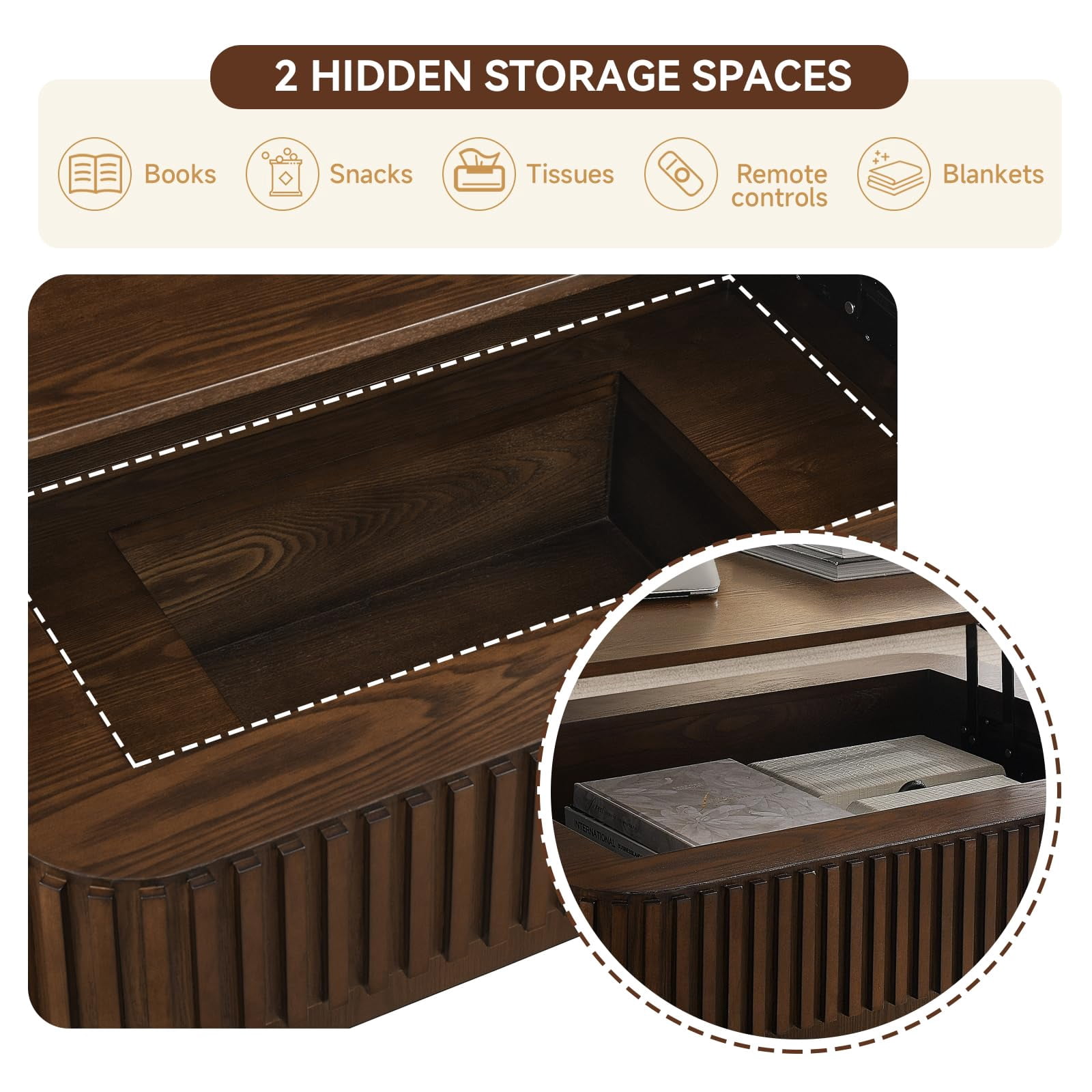 38.6" Lift-Top Walnut Coffee Table with Hidden Storage Design for Living Room, Office or Small Spaces