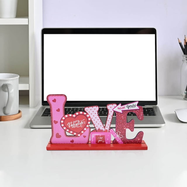 Adornos de madera para escritorio de San Valentín, decoración para el hogar, arte de pared de madera hecho a mano, decoración romántica para estanterías de dormitorio y oficina, kit de