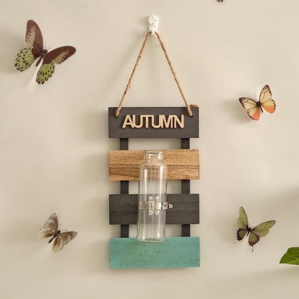 Jarrón Decorativo de Madera para Pared | Maceta Hidropónica de Vidrio con Cuerda Gruesa para Colgar | Decoración Rústica y Natural para El Salón | Portaflores Versátil para Flores Secas o Frescas | D