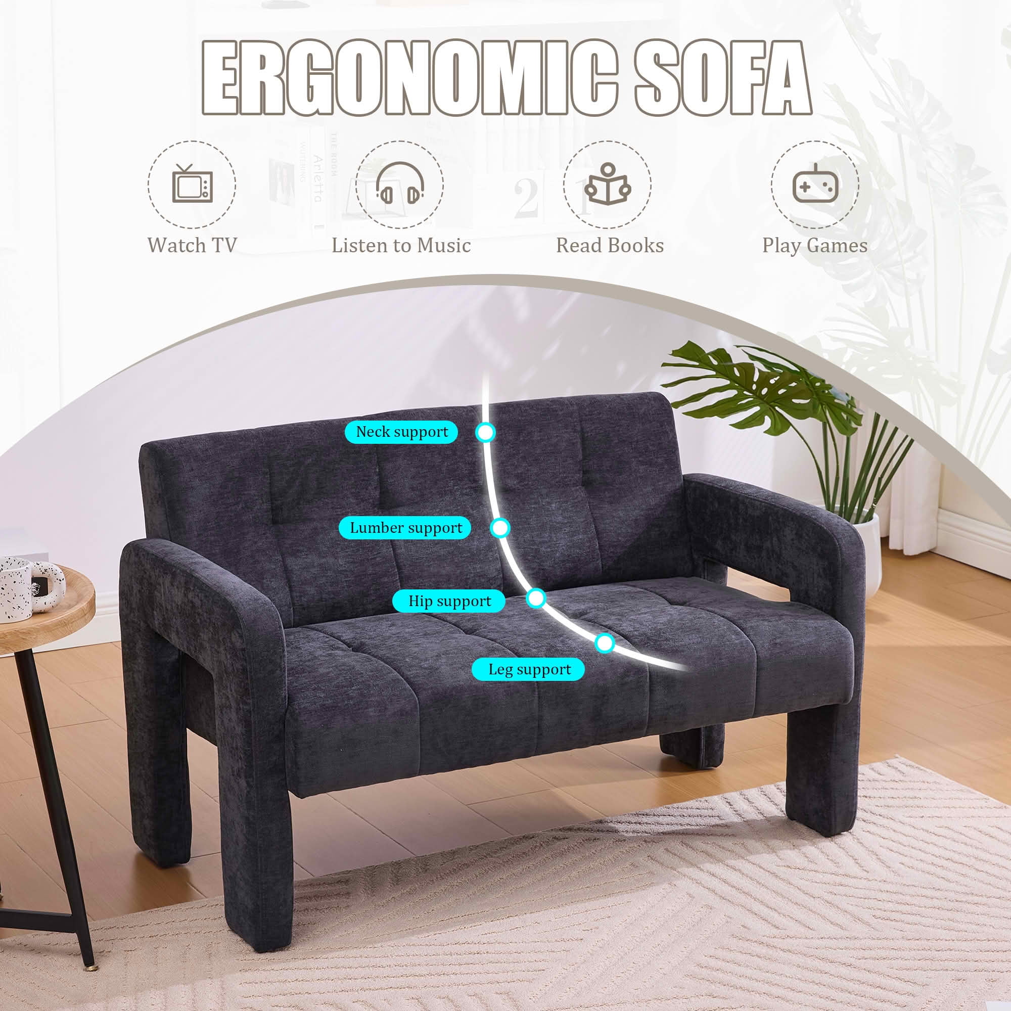 MAYEERTY Nordic Chenille 2-Seat Loveseat, Comfy Double Armrest Compact Leisure Sofa for Small Space Bedroom & Living Room
