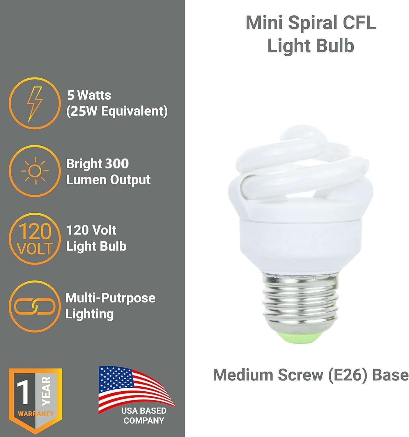 Diodesy- Pack of 3 SMS5/27K CFL Mini Spiral Light Bulb, T2 Compact Fluorescent Bulb, 5W (25W Equiv.), Dimmable 2700K Warm White, E26 Medium Base, for Kitchen/Bedroom/Office, 300 Lumens, UL Listed