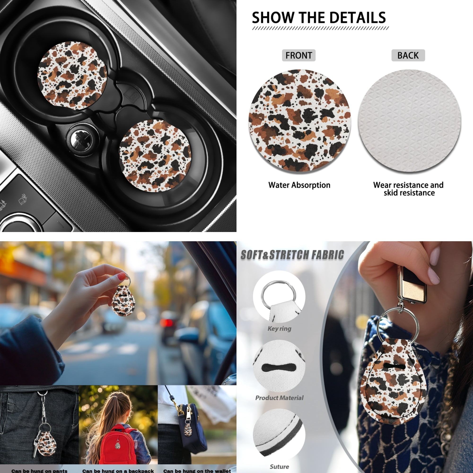 Jeiento Brown Cow Print 13 PCS Car Seat Covers Full Set, with Steering Wheel Seat Belt Covers Center Console Pad Coasters Keychain Lip Balm Holder Auto Accessories Interior Decor Fit for SUV Van