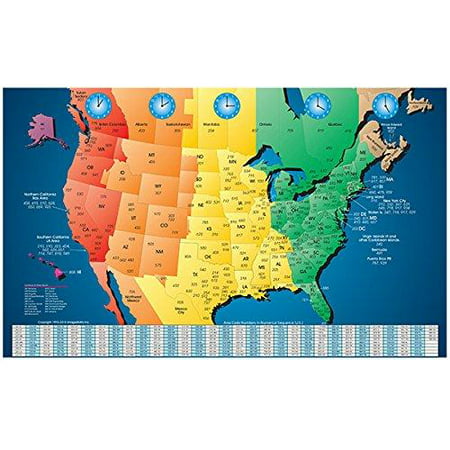 North America Laminated Gloss Full Color Time Zone Area Code Map incudes Reverse Lookup Desk Size Large 11 x 17 11x17 Desk