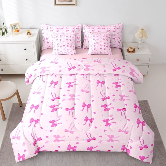 Feelyou Girly Pink Bow Bedding Comforter Set 7 Pieces, Cartoon Queen Bedding Sets