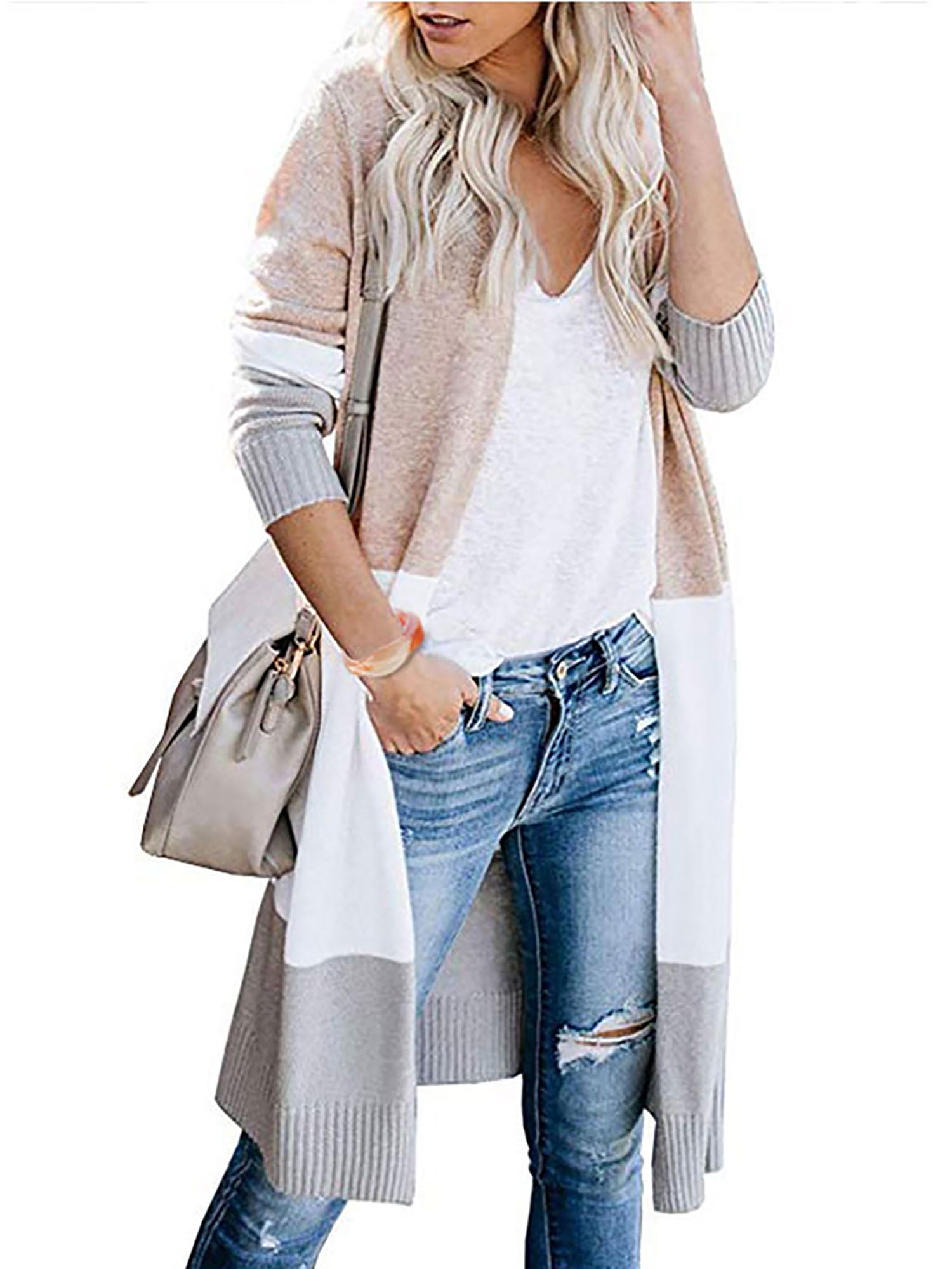Womens Striped Cardigan Long Sleeve Open Front Tops Lightweight Loose Sweatshirts Plus Size Duster Coat Fall Outwear Casual Suit 