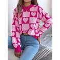 thumbnail image 6 of Womens Mock Neck Sweater Long Sleeve Block Cute Heart Knit Fall Winter Tops Ribbed Knit Pullover Sweaters Pink L, 6 of 8