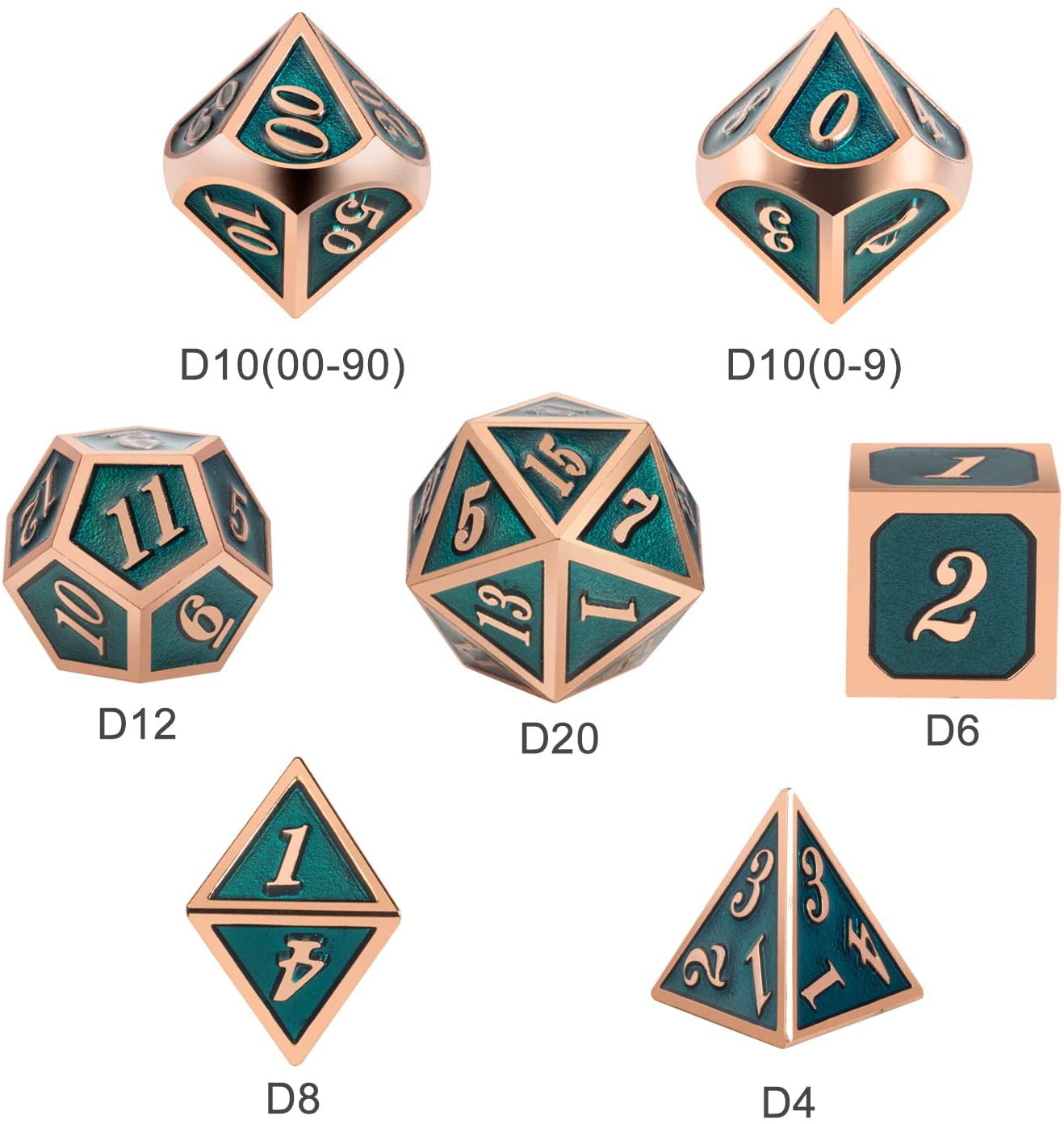 Teal D&D Metal Dice Set,DNDND 7 PCS Metallic Dungeons and Dragons Dice with Free Metal Case for D&D Game Role Playing Teal and Copper 