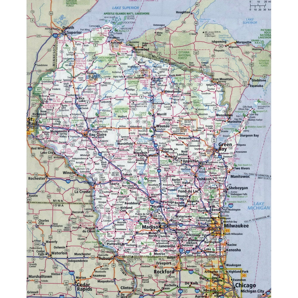 Laminated Map Large Detailed Roads And Highways Map Of Wisconsin