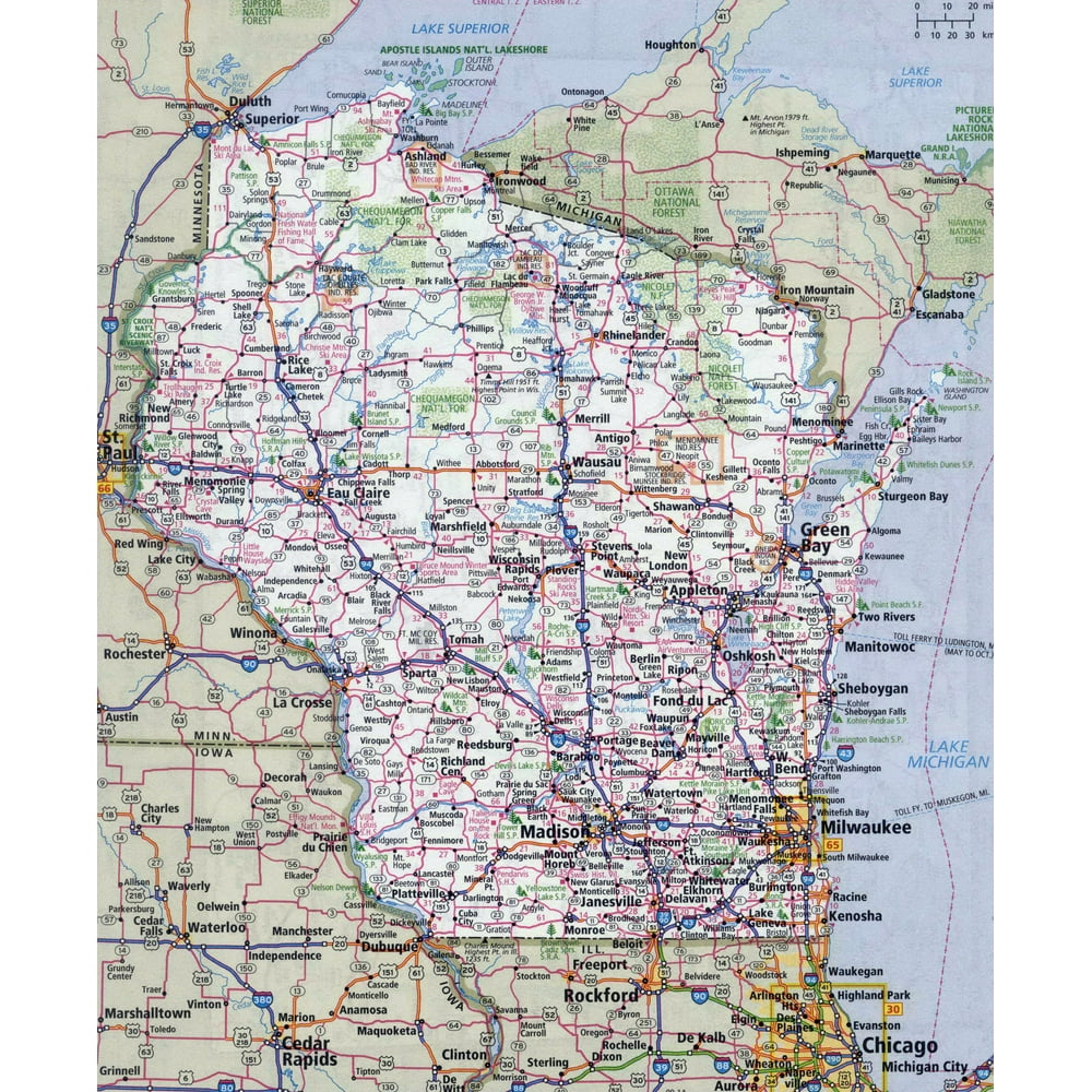 Laminated Map Large detailed roads and highways map of Wisconsin