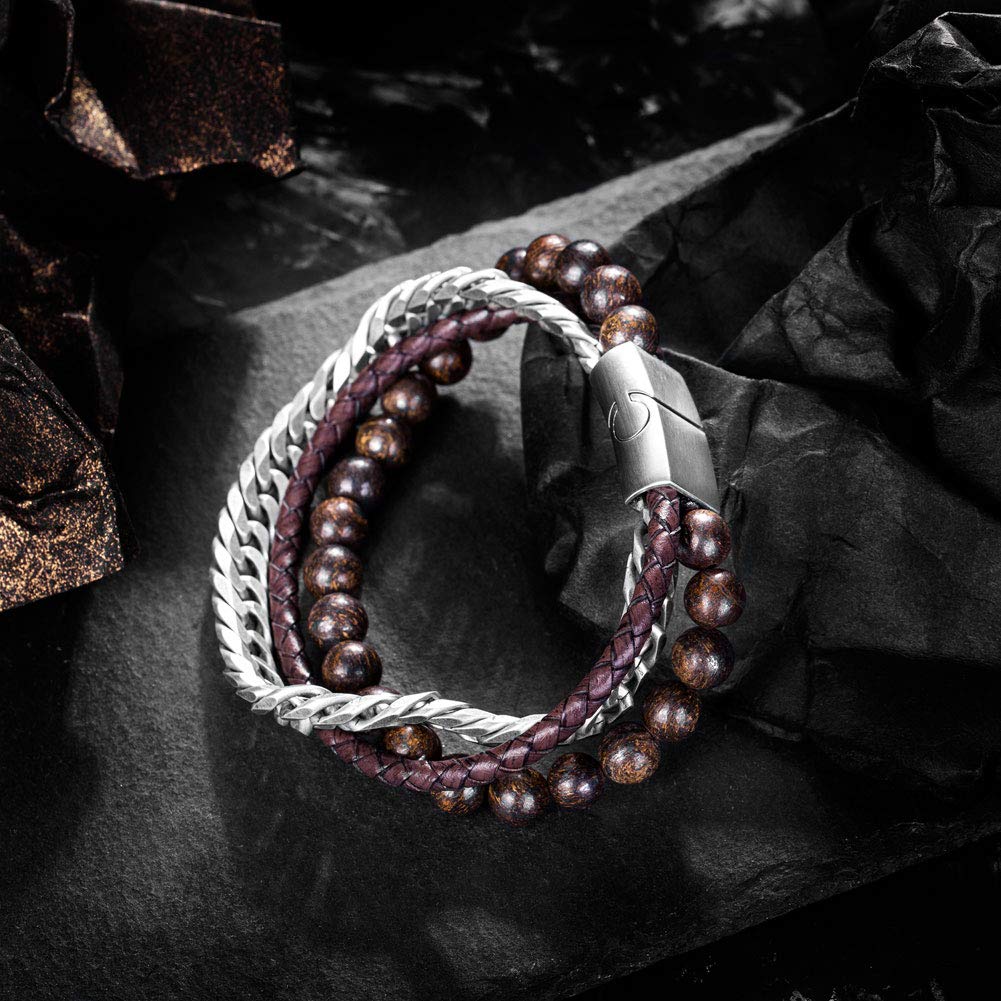 murtoo Mens Bead Leather Bracelet, Natural Bead, Steel and Leather Bracelet for Men Women, Simple Gift