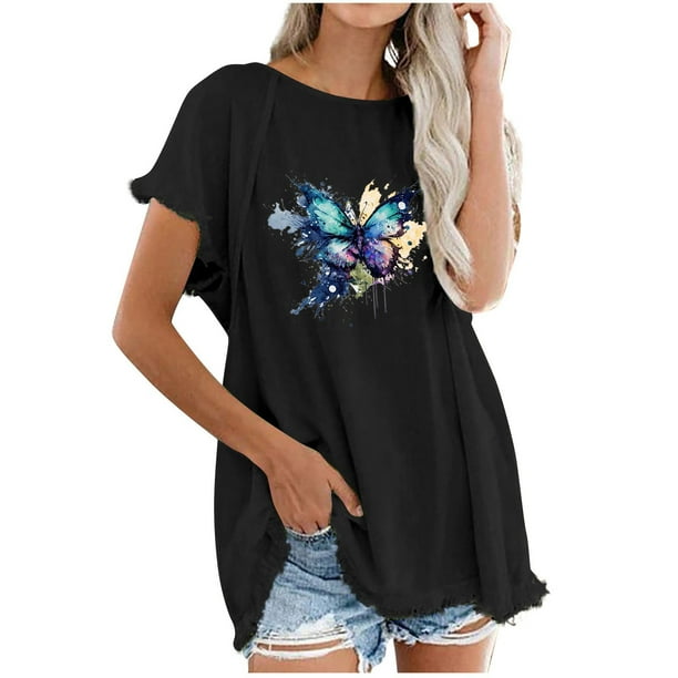 Blusa de manga corta con estampado regular de flecos y cuello redondo de algodón y cáñamo para mujer OAVQHLG3B Store lin121212
