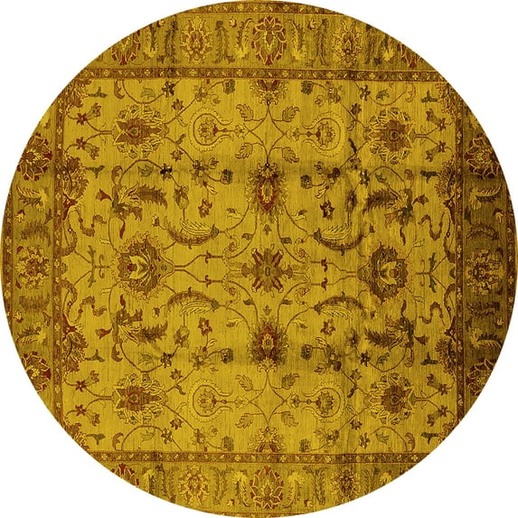 Ahgly Company Machine Washable Indoor Round Oriental Yellow Traditional Area Rugs, 6' Round