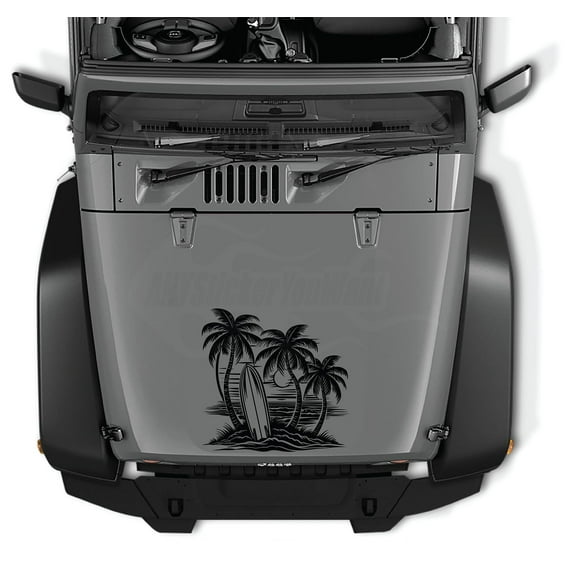 AnyStickerYouWant - Surfer Beach Palm Tree Ocean Scene Vinyl Decal Sticker, 22" Tall Waterproof Surf Board Vinyl Hood Decal/Window Stickers - Fits on & Compatible with Jeep Wrangler & Jeep Gladiator
