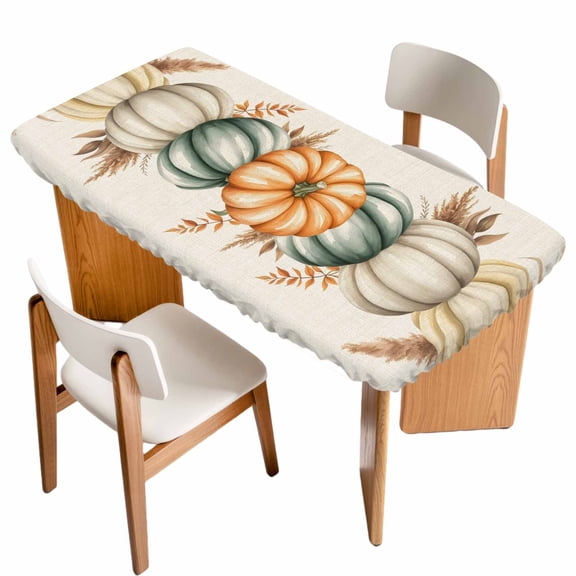 Fall Pumpkins Table Cloths for 4 Foot Rectangle Tables, Thanksgiving Vintage Country Wheat Plant Patio Waterproof Elastic Fitted Tablecloths, Washable Rectangular Table Cover for Camping