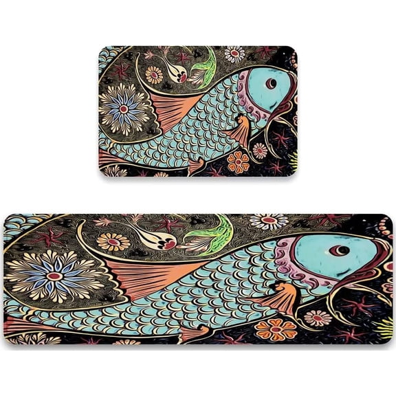 Kitchen Rug Sets 2 Piece with Runner,Art Fishes Here Fishes There Ocean Tropical and Exotic Coral Reefs Fish in a Shallow Underwater, Washable Non Slip Anti Fatigue Floor Mats for Hallway,Laundry,Sink