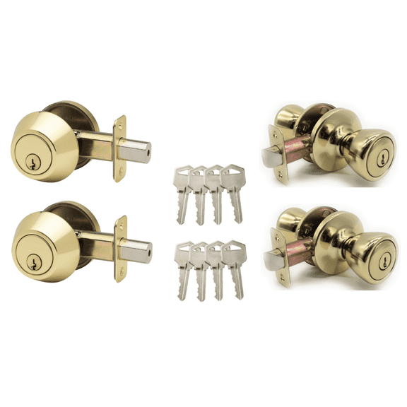 Vault Locks Keyed Entry Deadbolt and Door Knob Set | Adjustable Latch | Keyed Alike | Polished Brass Finish | Two Pack