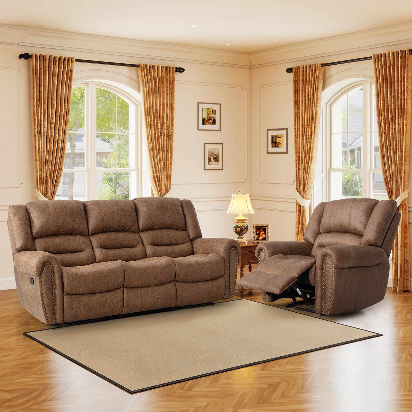 Bonzy Home Reclining Chair Sofa,3 Seats Recliner Couch Sofa with Overstuffed Arms and Back Living Room Furniture Sets
