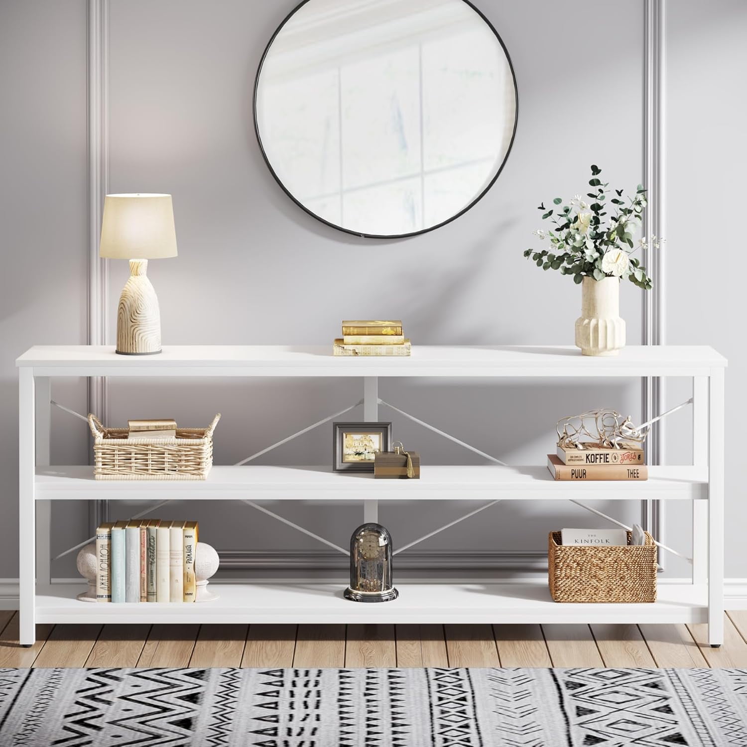 Tribesigns 70.9-Inch Console Table, 3-Tier Industrial Sofa Table with Metal Frame, Couch Table with Storage Shelves for Living Room Entryway Hallway Foyer (White)