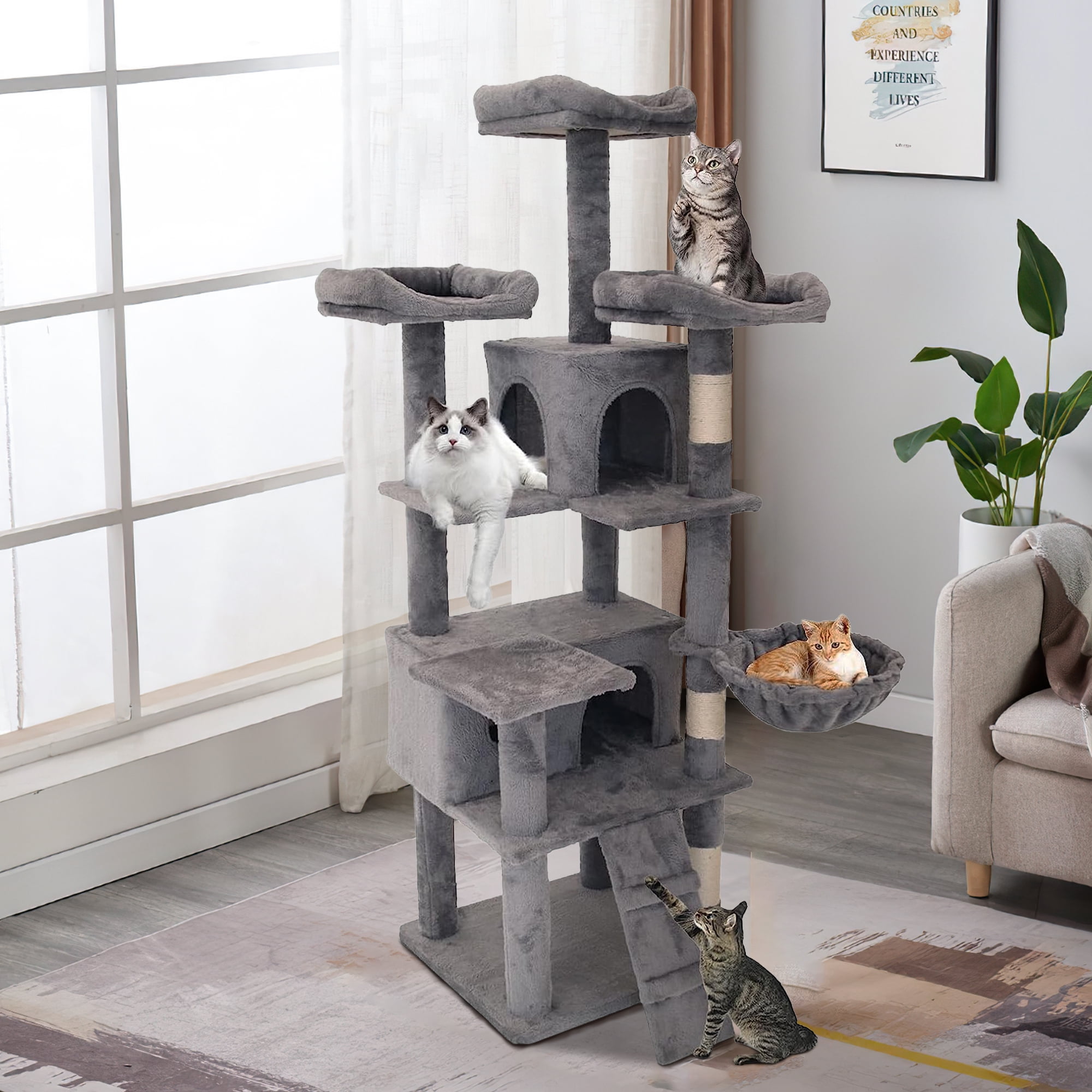 Pefilos 68 Inches Cat Trees Towers with Scratching Posts Condos Hammock Resting Perch, Indoor Play House for Large Cats Kitty Kitten, Gray Pefilos 68 Inches Cat Trees Towers with Scratching Posts Condos Hammock Resting Perch, Indoor Play House for Large Cats Kitty Kitten, Gray