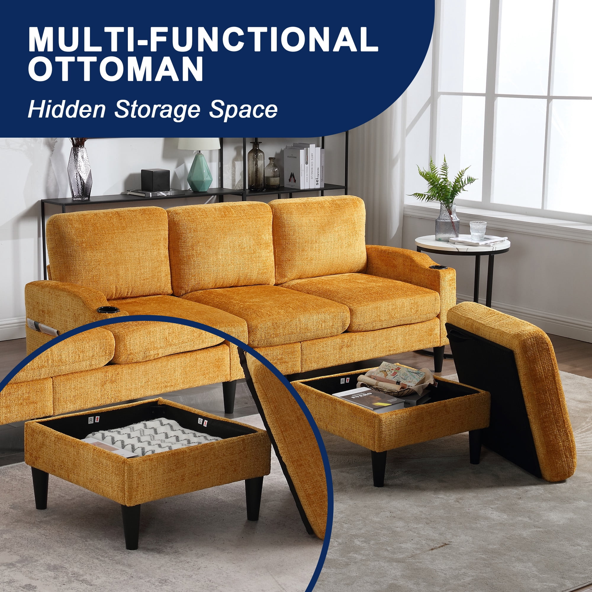 MOONMISS Chenille Upholstered L-Shaped Living Room Sofa with Storage Ottoman-Yellow