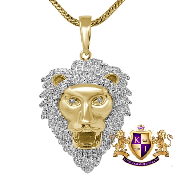 Real Genuine Diamond 0.65 Ctw Lion Head Pendent Charm Chain Set 10K Yellow Gold Finish