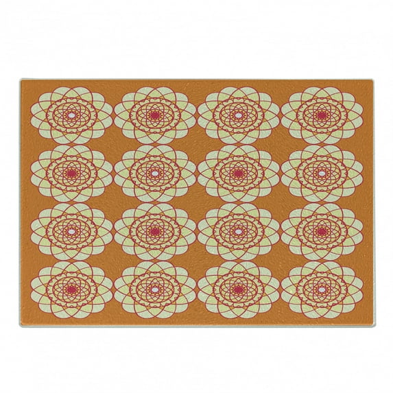 Orange and Pink Cutting Board, Geometric Floral Ornaments Retro Style Geometric Curvy Circles, Decorative Tempered Glass Cutting and Serving Board, in 3 Sizes, by Ambesonne