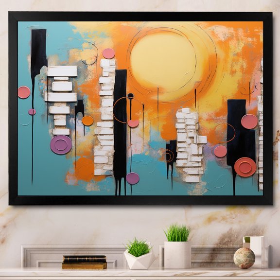 Designart "Play Forms Colorful Orange and Blue Delight I" Abstract Framed Wall Art Decor - Modern Orange Abstract Geometric Entryway Framed Wall Art
