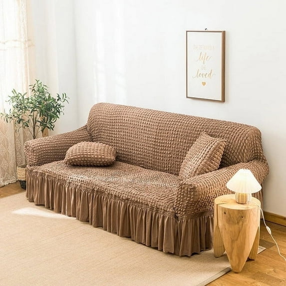 Mictong integrated sofa cover with pleated ruffle hem skirt, washable, highly elastic and durable, furniture protective cover, three seater sofa, brown, 1 piece