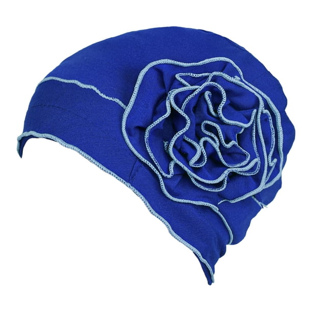 Turbante elástico sólido con flores para damas, para quimioterapia, cáncer, pérdida de cabello, gorro para la cabeza azul