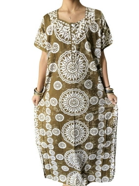 Mogul Women Kaftan Maxi Dress, Green White Print Caftan, Housedress, Cotton Summer Maxi Dresses, L