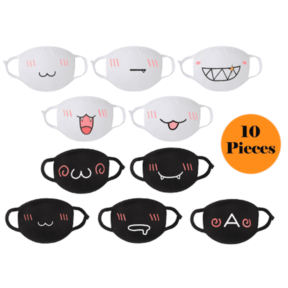 10Pcs Cute Face Mask for Women & Men, Black White Reusable Washable Cotton Full Face Protection for Adult Teens