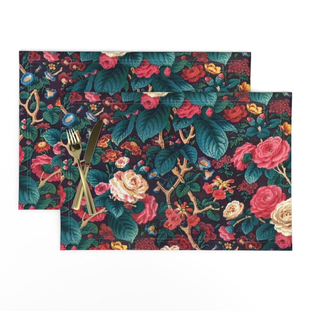 Linen Cotton Canvas Placemats (Set of 2) Holiday Color Rose Vintage English Classic