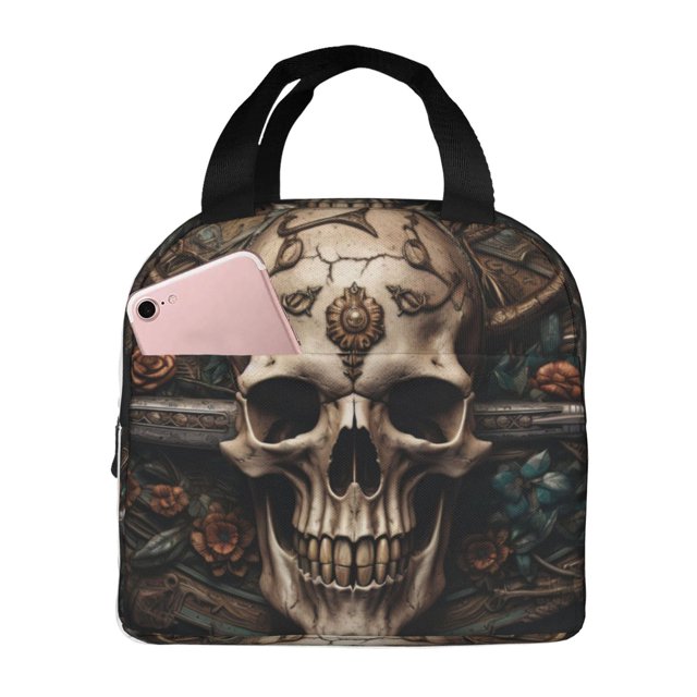 Disketp Metal Style Horned Skull for Insulated Lunch Bag for Women and Men, Perfect for Work, Hiking, Picnic