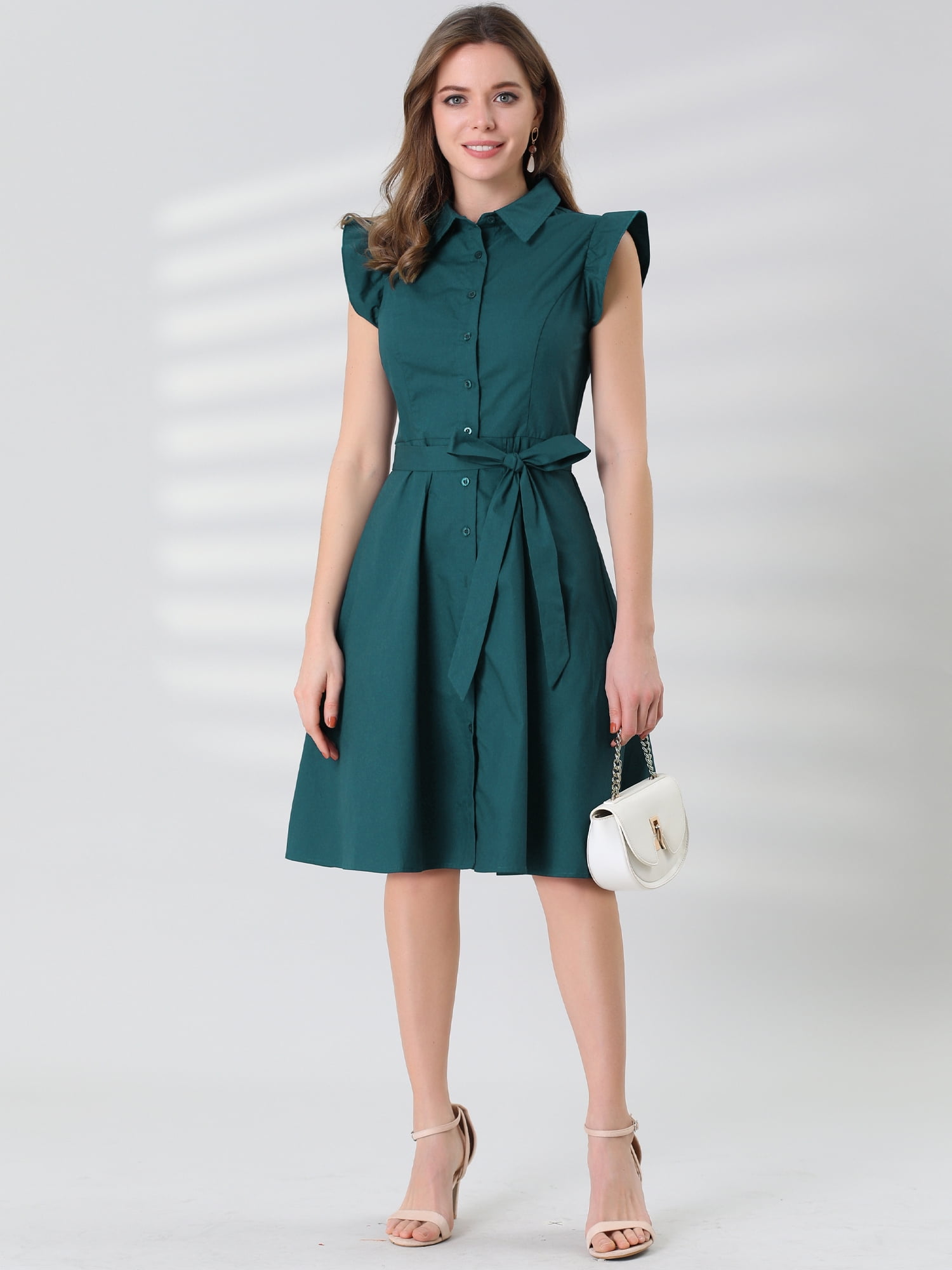 DARING DIVA Ruffled Sleeve Button Down Belted Knee Length Shirt Dress XS Dark Green