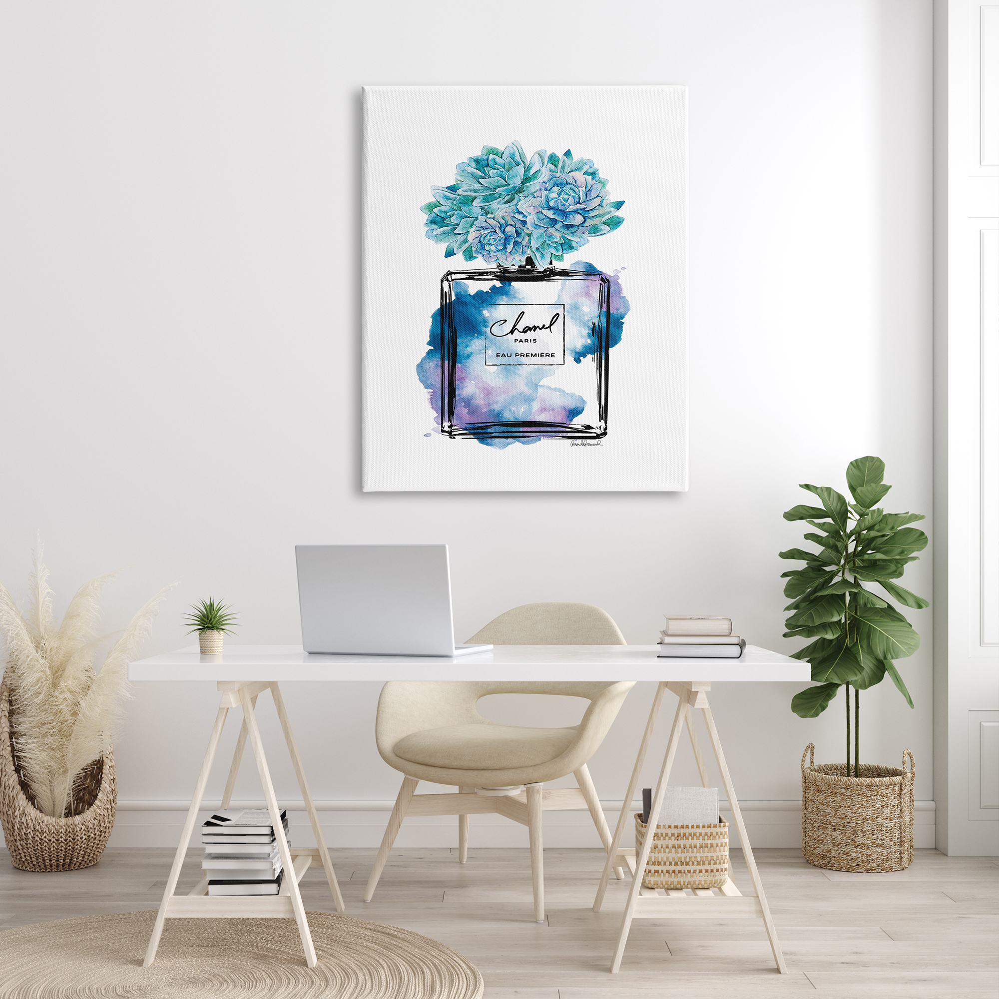 Stupell Industries Watercolor Fashion Perfume Bottle with Blue Flowers, 36 x 48,Design by Amanda Greenwood