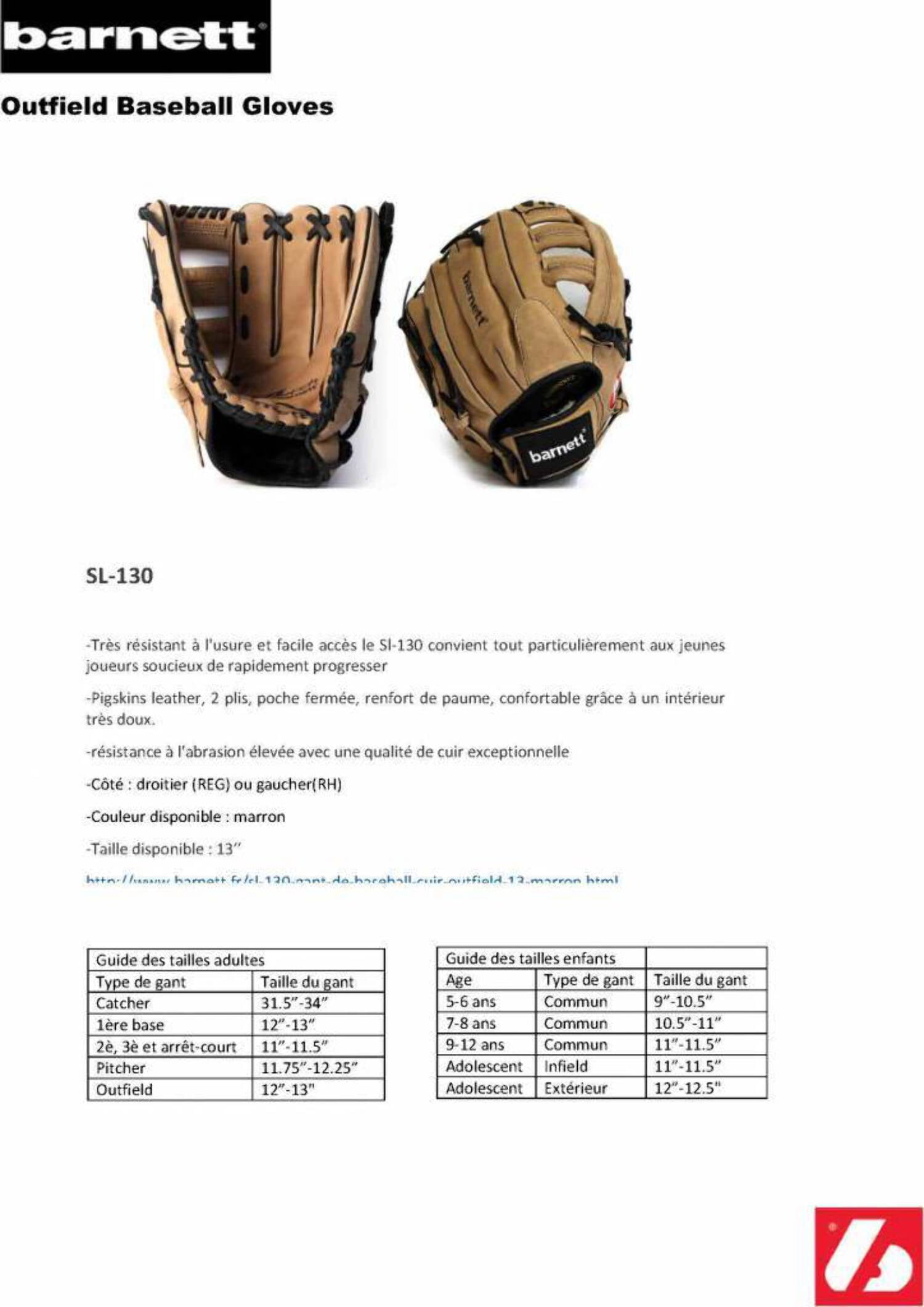 barnett 13" SL-130 Series Outfield Baseball Glove, Left Hand Throw