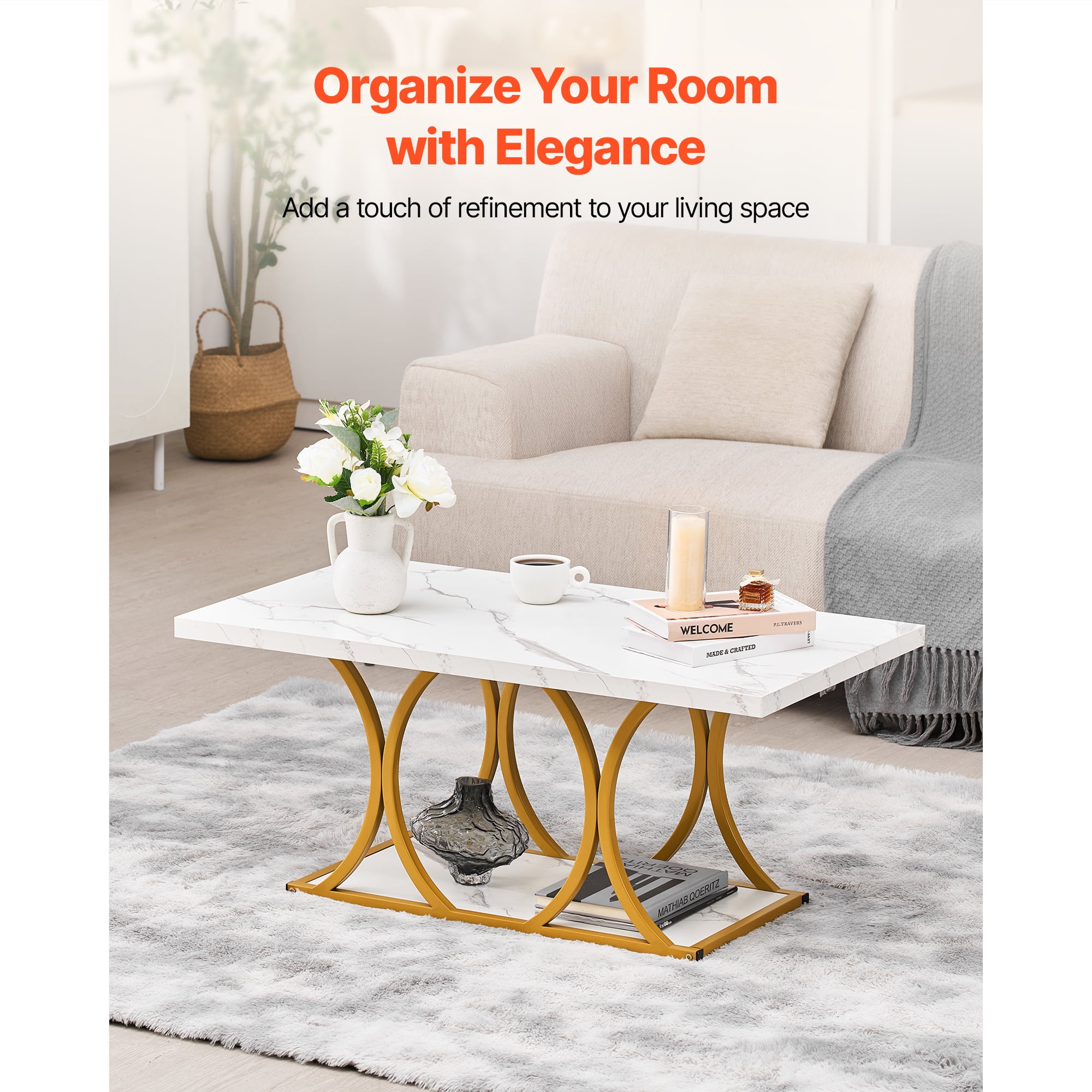 KFFKFF Modern Faux Marble Coffee Table, 2-Tier Rectangular Center Table with Geometric Metal Legs, Minimalist Design for Living Room or Office, Easy to Assemble, White