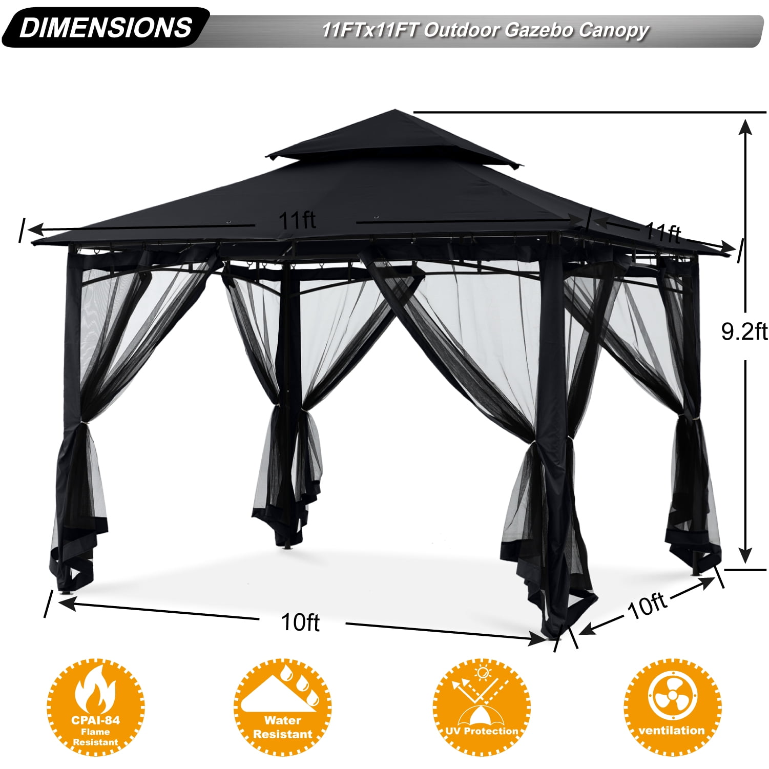 ABCCANOPY 11'x11' Patio Gazebo With Mosquito Netting and Double Soft Roof Canopies for Shade and Rain,Black
