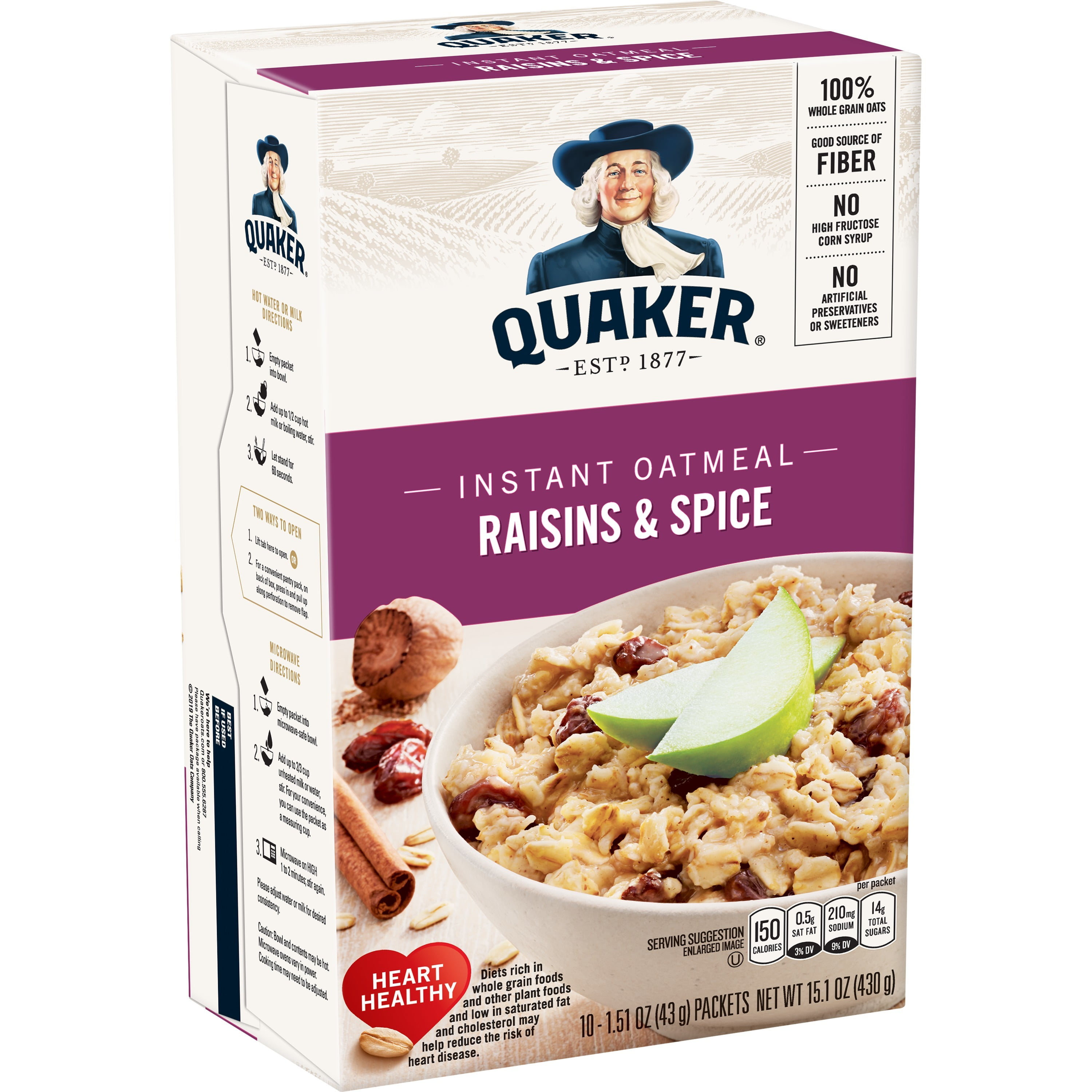 Quaker Instant Oatmeal, Raisin & Spice, 10 Packets