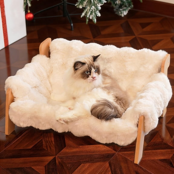 Petyoung Elevated Cat Couch Bed for Indoor, Wooden Cat Sofa with Removable Washable Fluffy Cover Raised Kitty Lounge Chair Suitable for Puppy