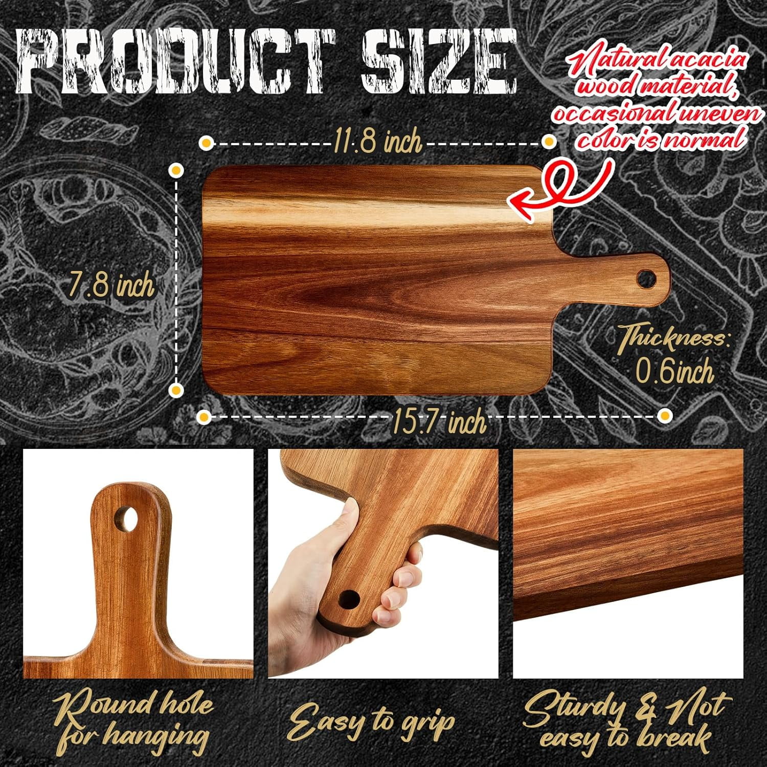 10 Pcs Wood Cutting Board with Handle 15.7 x 7.8 Inch Acacia Wooden Serving Kitchen Chopping Boards for Pizza, Bread, Cheese, Charcuterie, Fruit, Vegetables