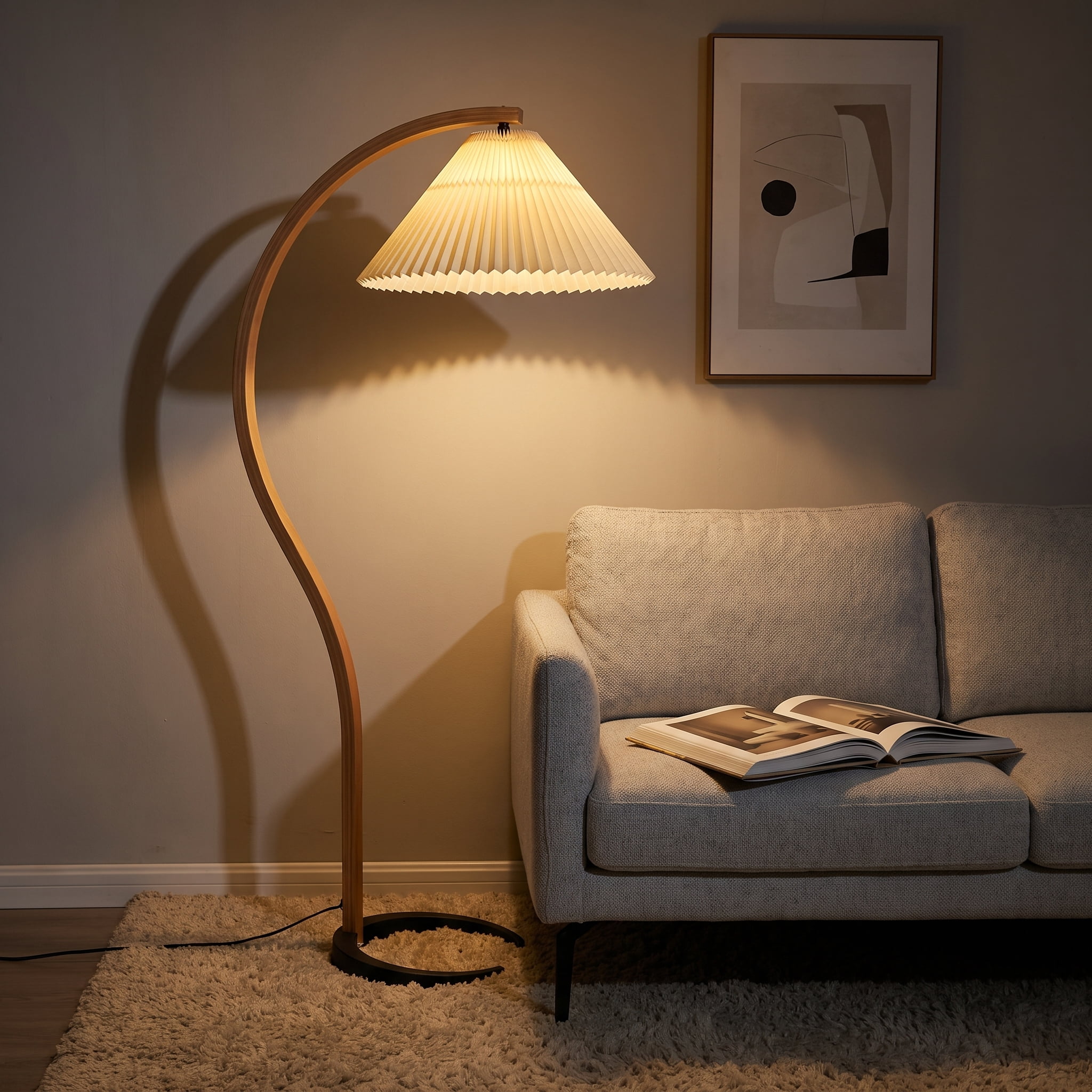 AISWORD Mid Century Curved Arc Floor Lamp with Pleated Fabric Shade, Solid Bentwood S-Shape Standing Reading Light with Heavy Base, Brown