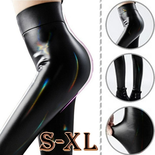 High Quality Women Glossy Shiny Metallic High Waist Pants PU Leather  Waterproof Black Stretchy Leggings Thin/Thick