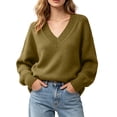 thumbnail image 2 of DYTTDG Women Solid Color Loose V-Neck Knit Pullover Sweater, Long Sleeve Ribbed Cuff Relaxed Fit Casual Knitted Jumper Daily Basic Knit Top, 2 of 8