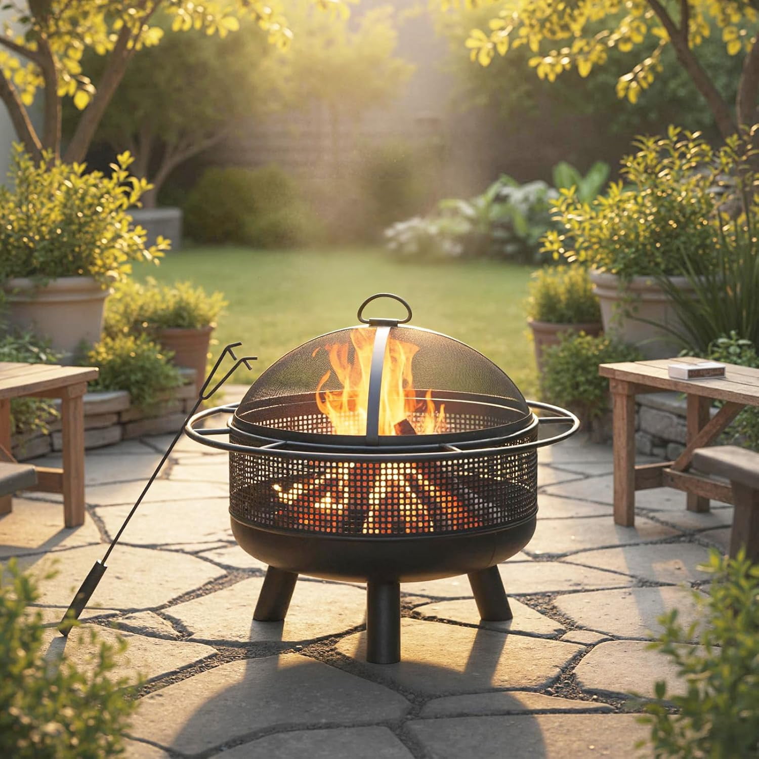 24-Inch Heavy-Duty Metal Outdoor Wood Burning Fire Pit with Spark Screen, Poker, and Log Grate