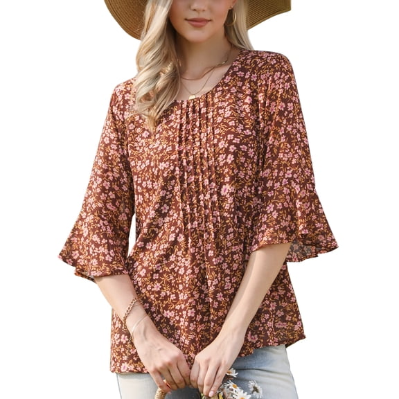 Chiffon Floral Top for Women's Ruffled Sleeve Round Neck Casual Blouse XS Brown